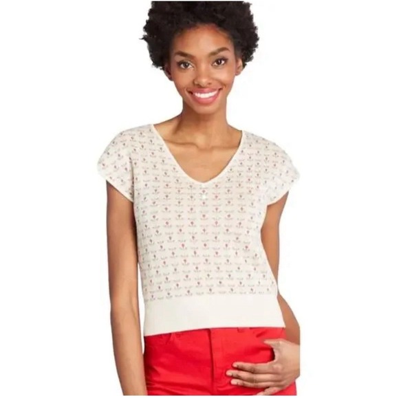 ModCloth Short Sleeve Knit Sweater Top Crop Large Colorful Viscose Floral Boho - Picture 1 of 7